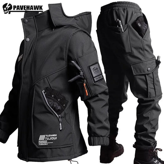 Winter Outdoor Men's Thicken Windproof Warm Tactical 2-pcs Hooded Jacket + Cargo Pants