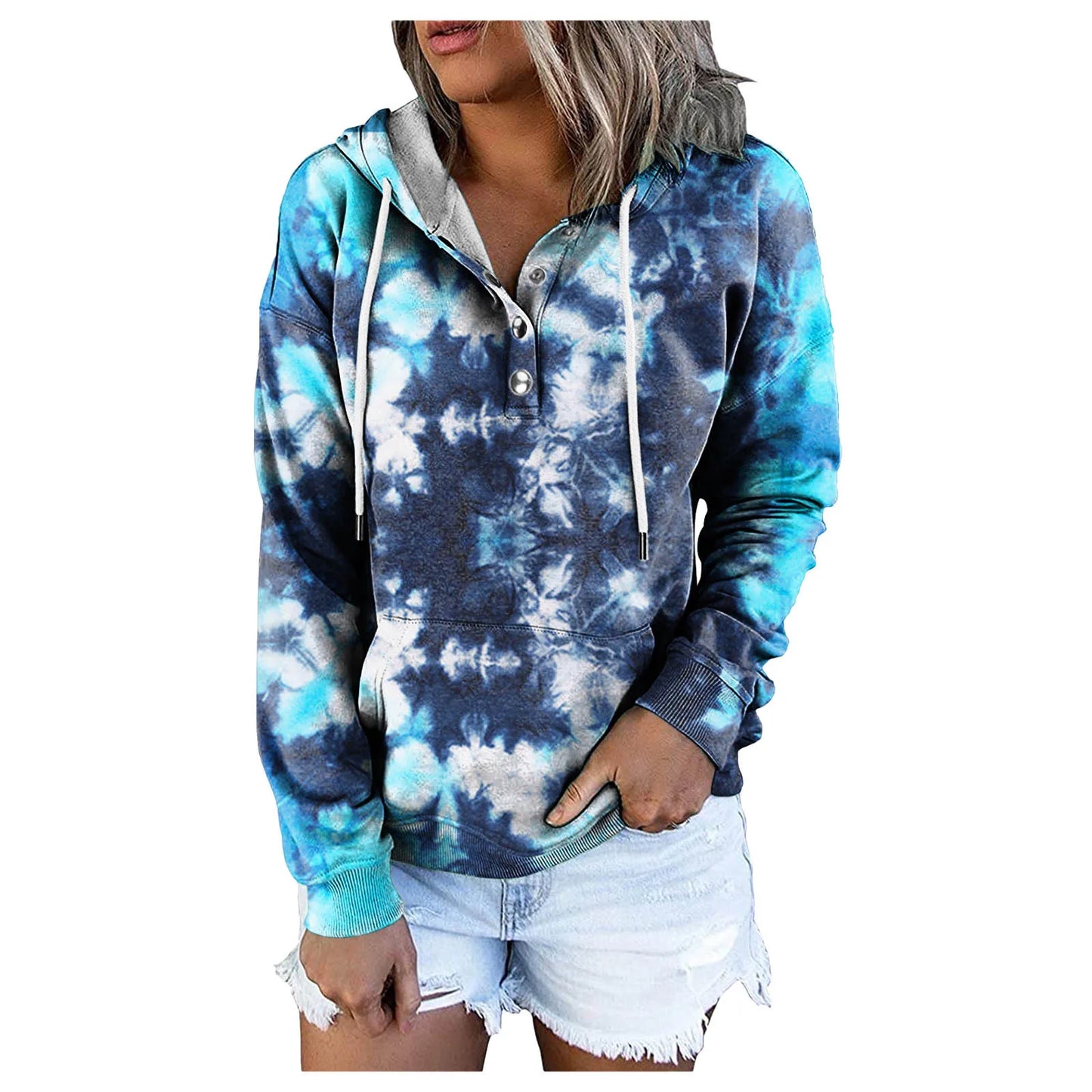 Women's Fashion Sweatshirt Button Pocket Casual tie-dye Loose Hoodies