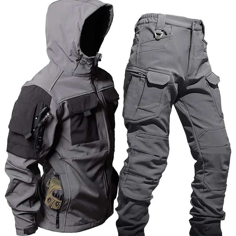 Soft Shell Two Pcs Men Waterproof Hooded Tactical Jackets+Multi-pocket Cargo Pants