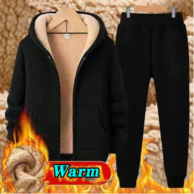 Men's Tracksuit Lamb Cashmere Winter Wool Hooded Tracksuit Sportswear