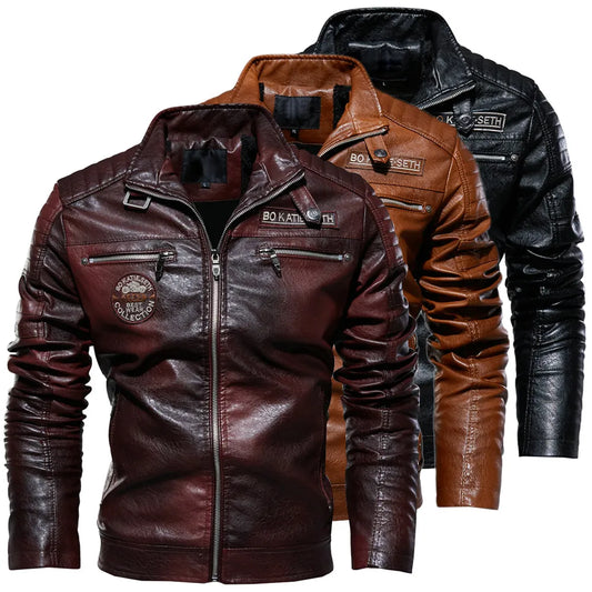 Mens Leather Motorcycle Faux Leather Jacket Windbreaker