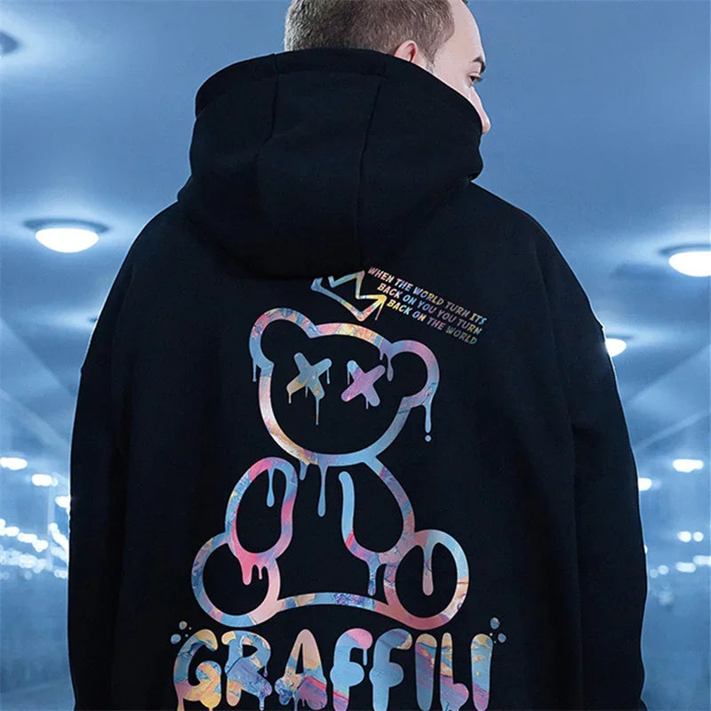 High Street Graffiti Bear Print Unisex Fleece Hoodie Retro Casual Pullover