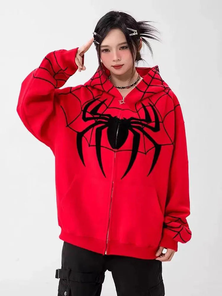 Gothic Y2k Anime Embroidery Zipper Spider Hoodies Unisex Harajuku Oversize