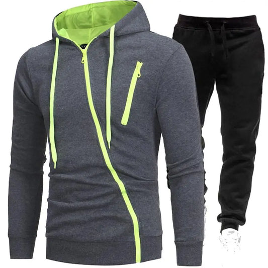 Men's Sweatshirt Suit Zipper Pockets Hoodie+Drawstring Sweatpants