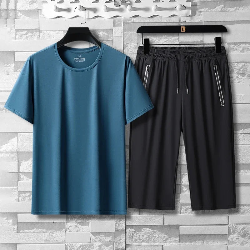 Summer High-quality Ice Silk 7-point Casual long short Pants Set For Men