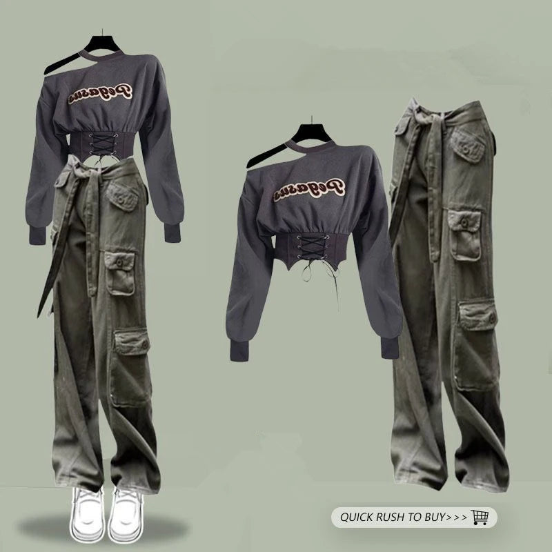 Spring Women's Safari Style Wide Leg Pants Sets Streetwear Outfit