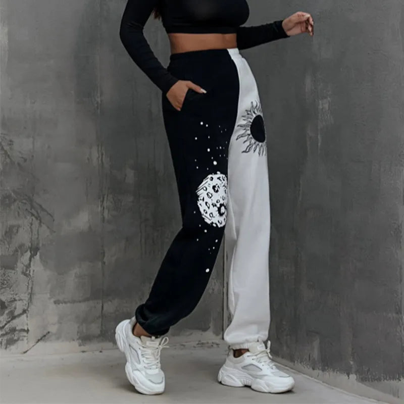 Women's Pants Harajuku Elastic Waist Side Sun Moon Graphic Print