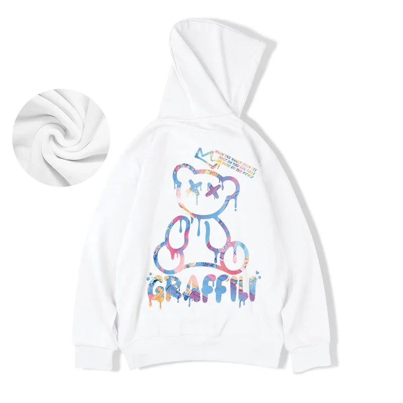 High Street Graffiti Bear Print Unisex Fleece Hoodie Retro Casual Pullover