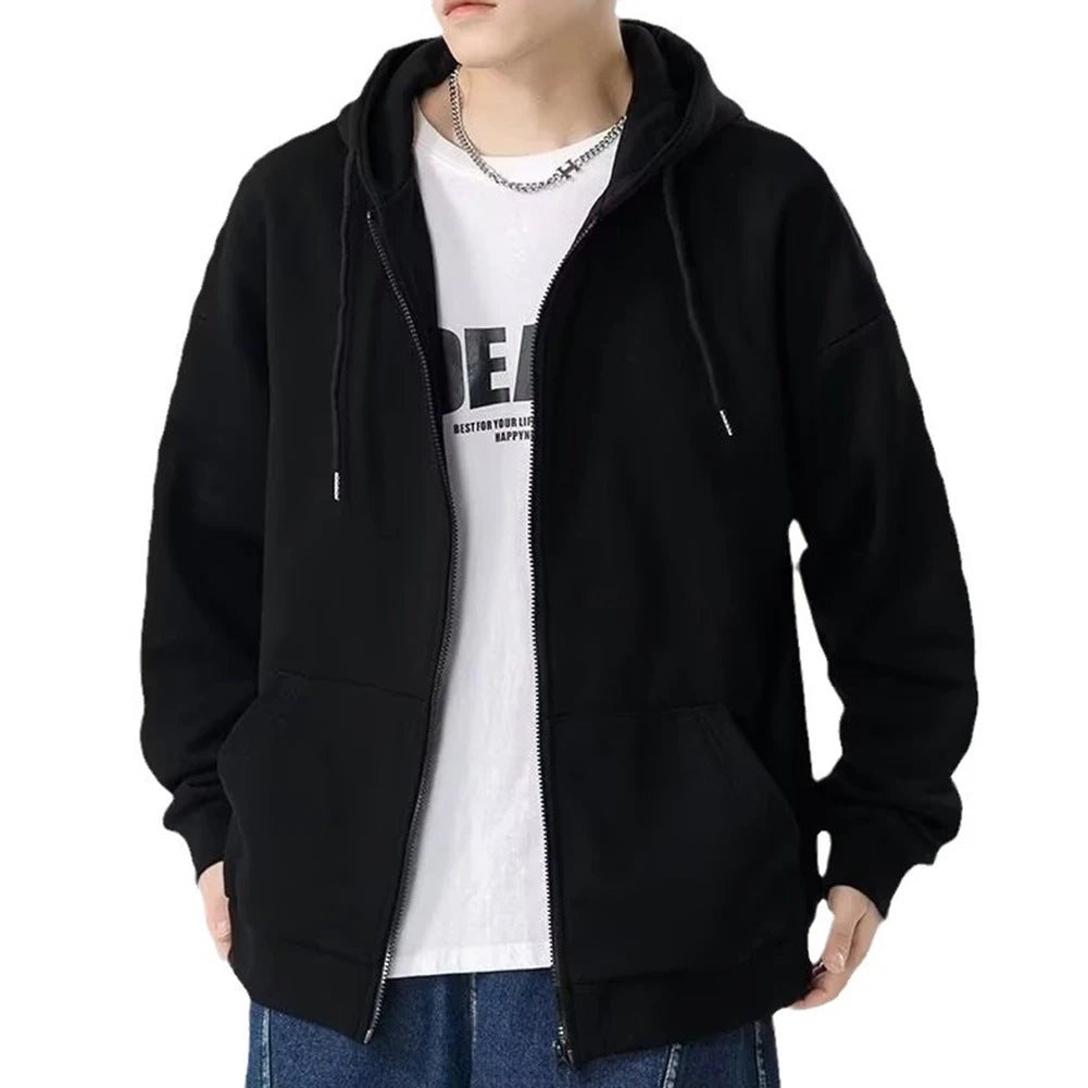 Fashion Men's Solid Color Pockets Casual Hoodie Zip-up