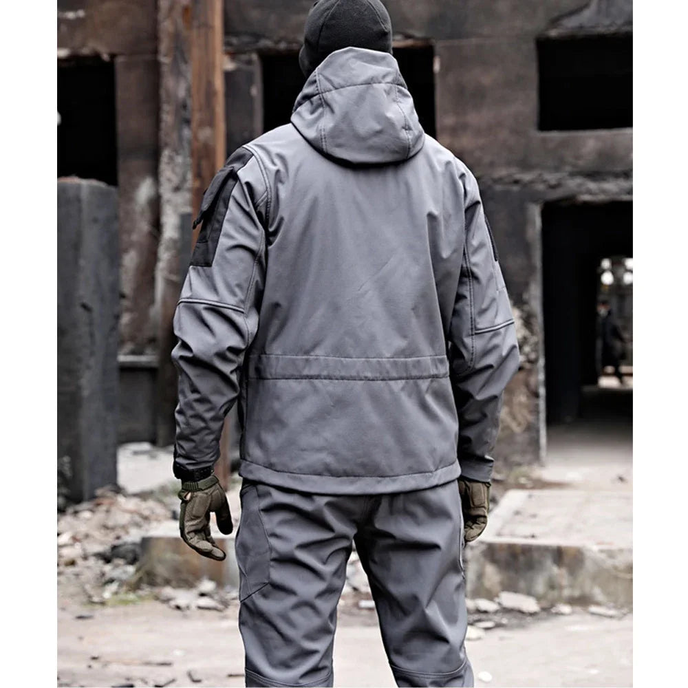 Soft Shell Two Pcs Men Waterproof Hooded Tactical Jackets+Multi-pocket Cargo Pants