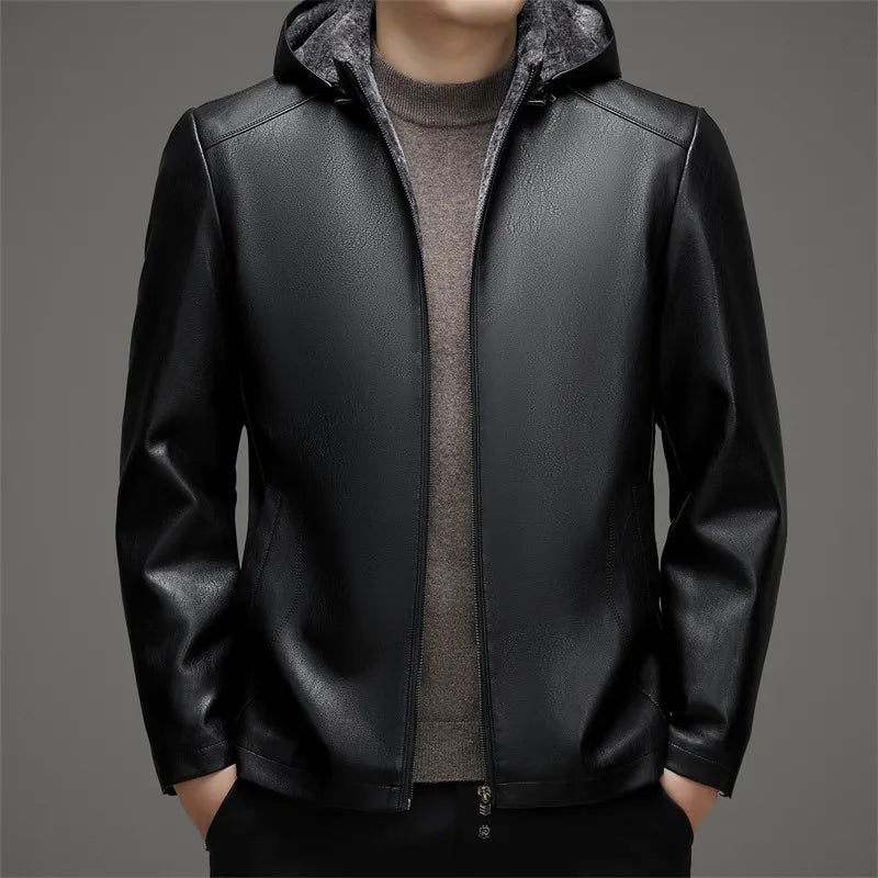 High Quality Stylish Winter Fur-thickened Hooded Leather Jacket