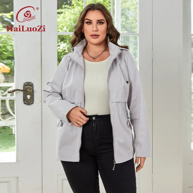 Plus Size Women Short Trench Coat Detachable Hood Windproof