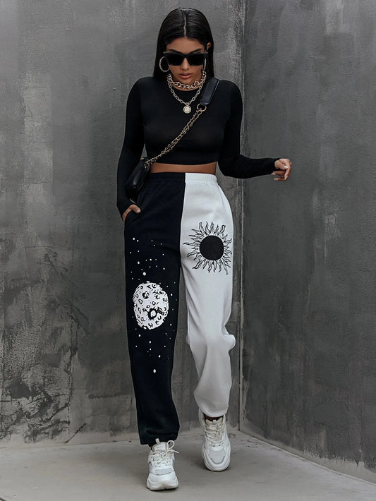 Women's Pants Harajuku Elastic Waist Side Sun Moon Graphic Print