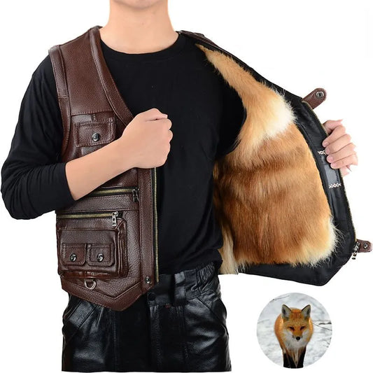 Mens Genuine Leather Cowhide Vest Integrated with Fur Lining