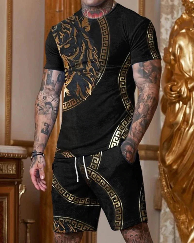 Summer Men's Tiger Pattern 2 Piece Fashion Casual Short Set