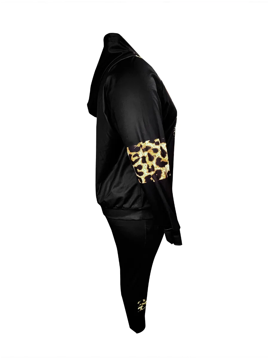 LW Plus Size Autumn  Women Long Sleeves Two Pieces Hooded Collar Leopard Print Tracksuit Set Sweatshirts Pullover Hoodies Pant