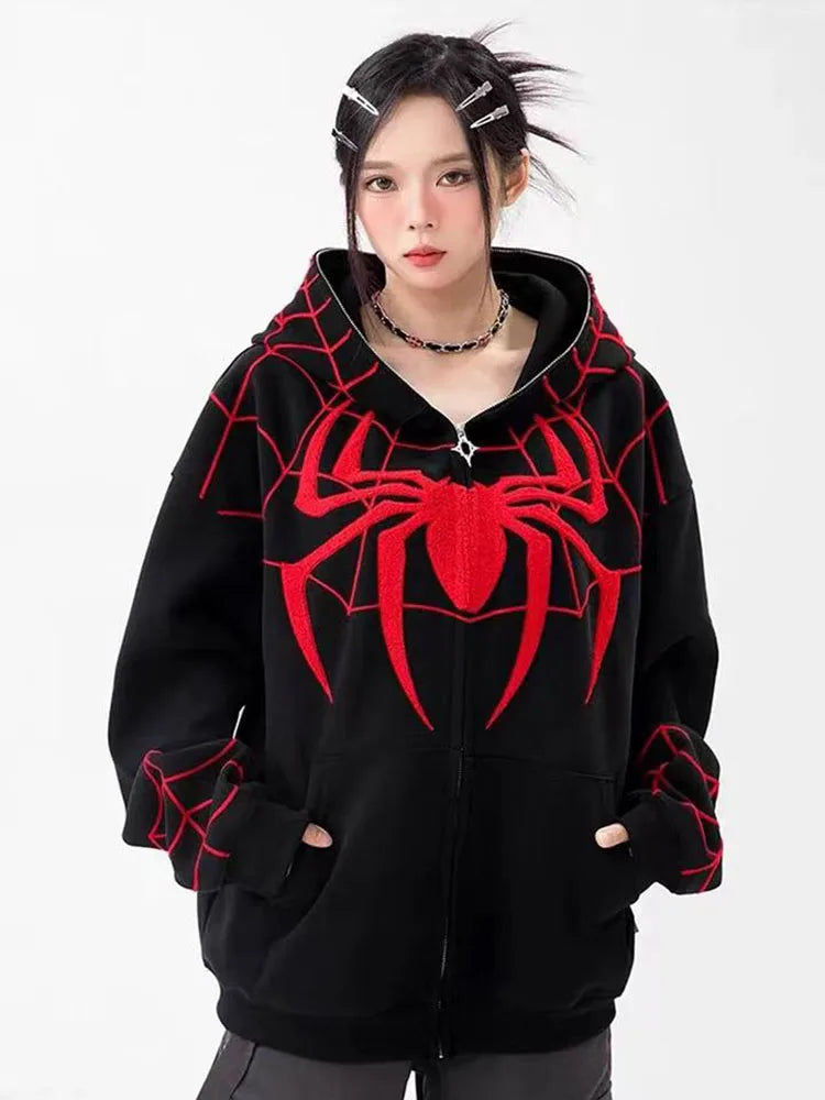 Gothic Y2k Anime Embroidery Zipper Spider Hoodies Unisex Harajuku Oversize