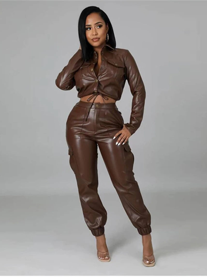 Leather Two 2 Piece Womens Crop Top and Pants Suit PU Leather