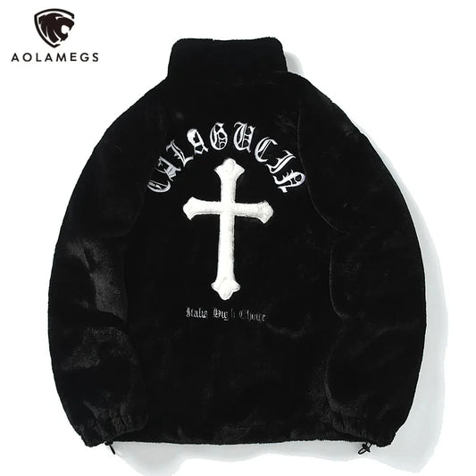 Men Rabbit Fur Jacket Hip Hop Cross Letters Winter Fleece Coats