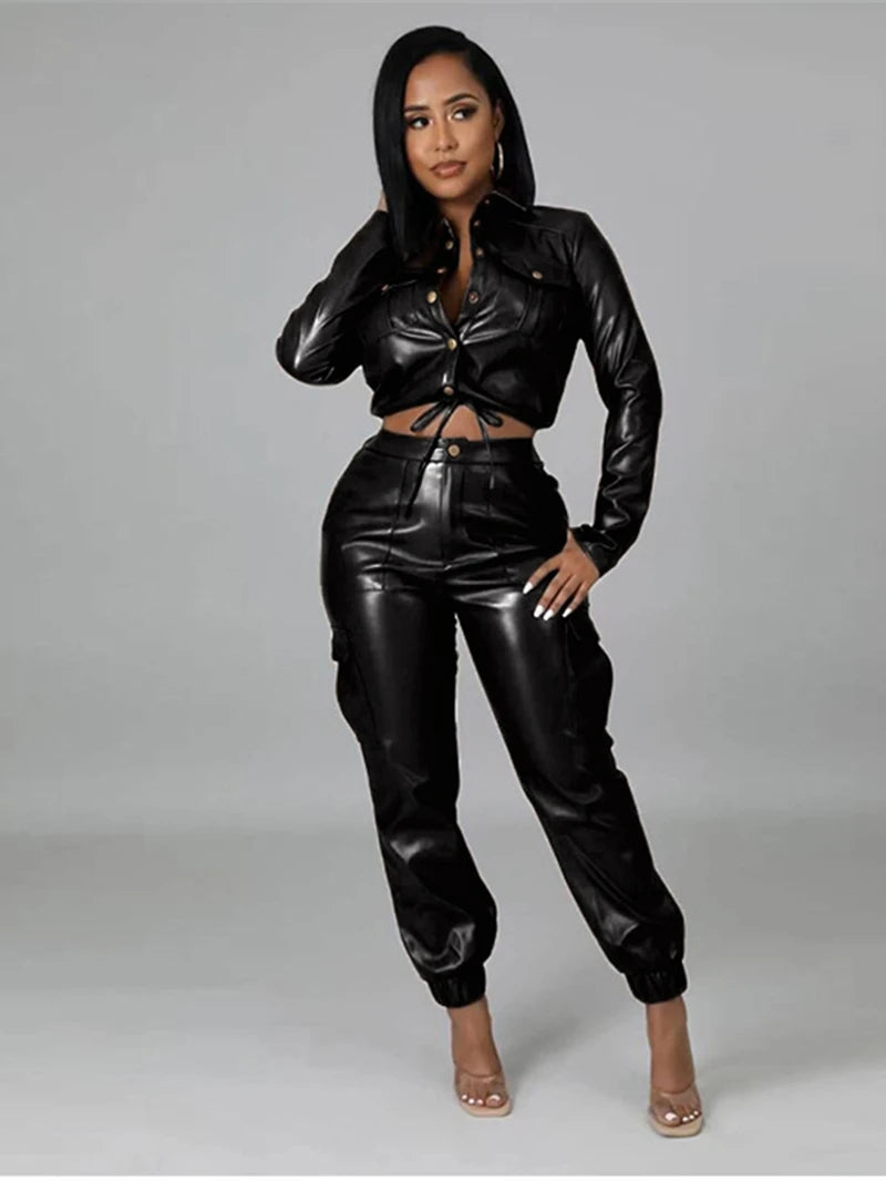 Leather Two 2 Piece Womens Crop Top and Pants Suit PU Leather