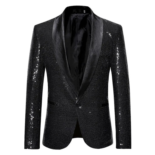 Black Sequin One Button Shawl Collar Suit Jacket Men Blazer Jacket