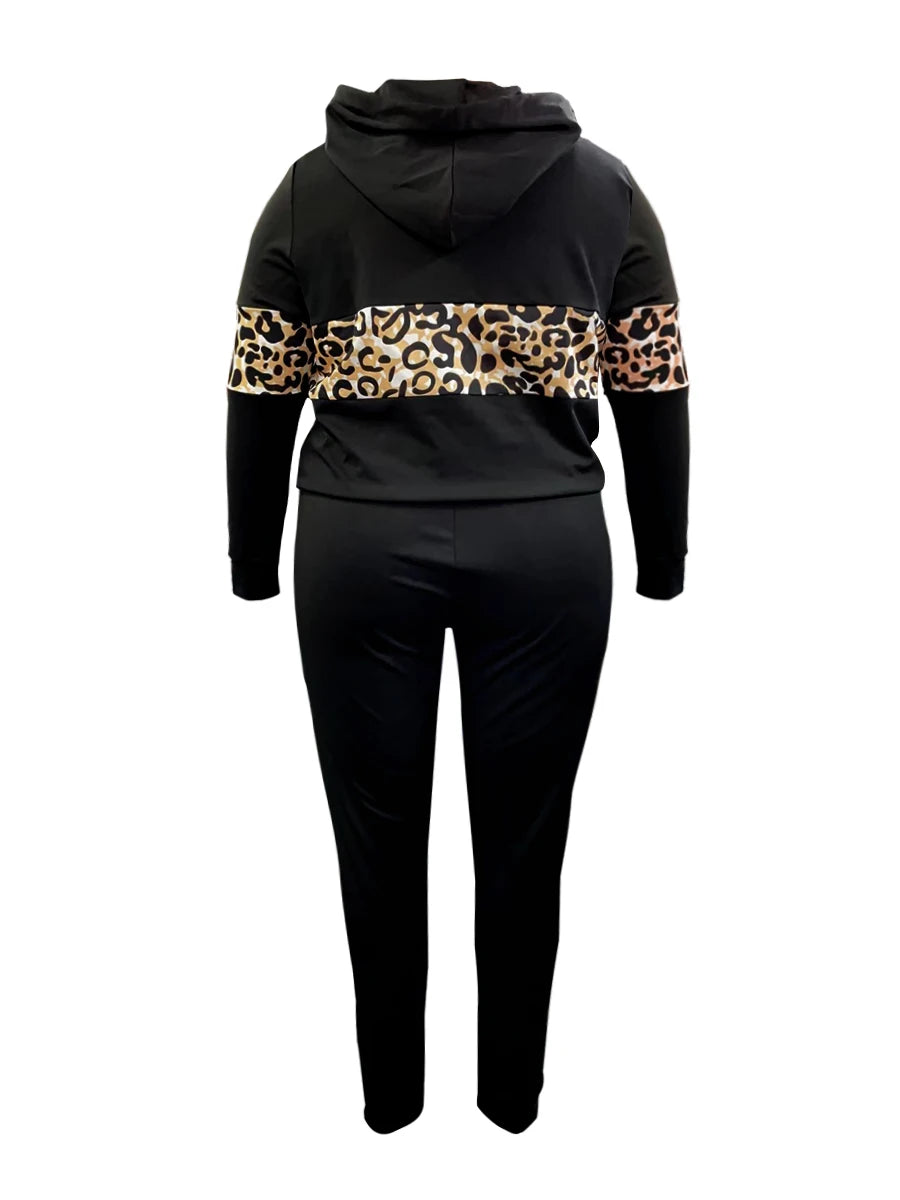 LW Plus Size Autumn  Women Long Sleeves Two Pieces Hooded Collar Leopard Print Tracksuit Set Sweatshirts Pullover Hoodies Pant