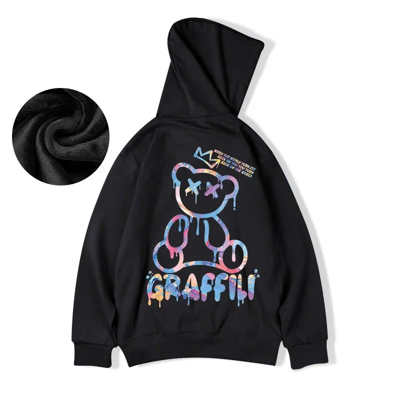 High Street Graffiti Bear Print Unisex Fleece Hoodie Retro Casual Pullover