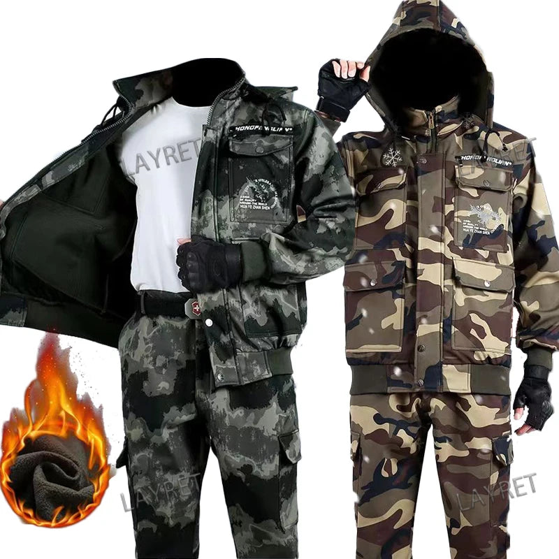 Camouflage Hoodie coat and Pants Set Winter Plush Warm Multi Pocket