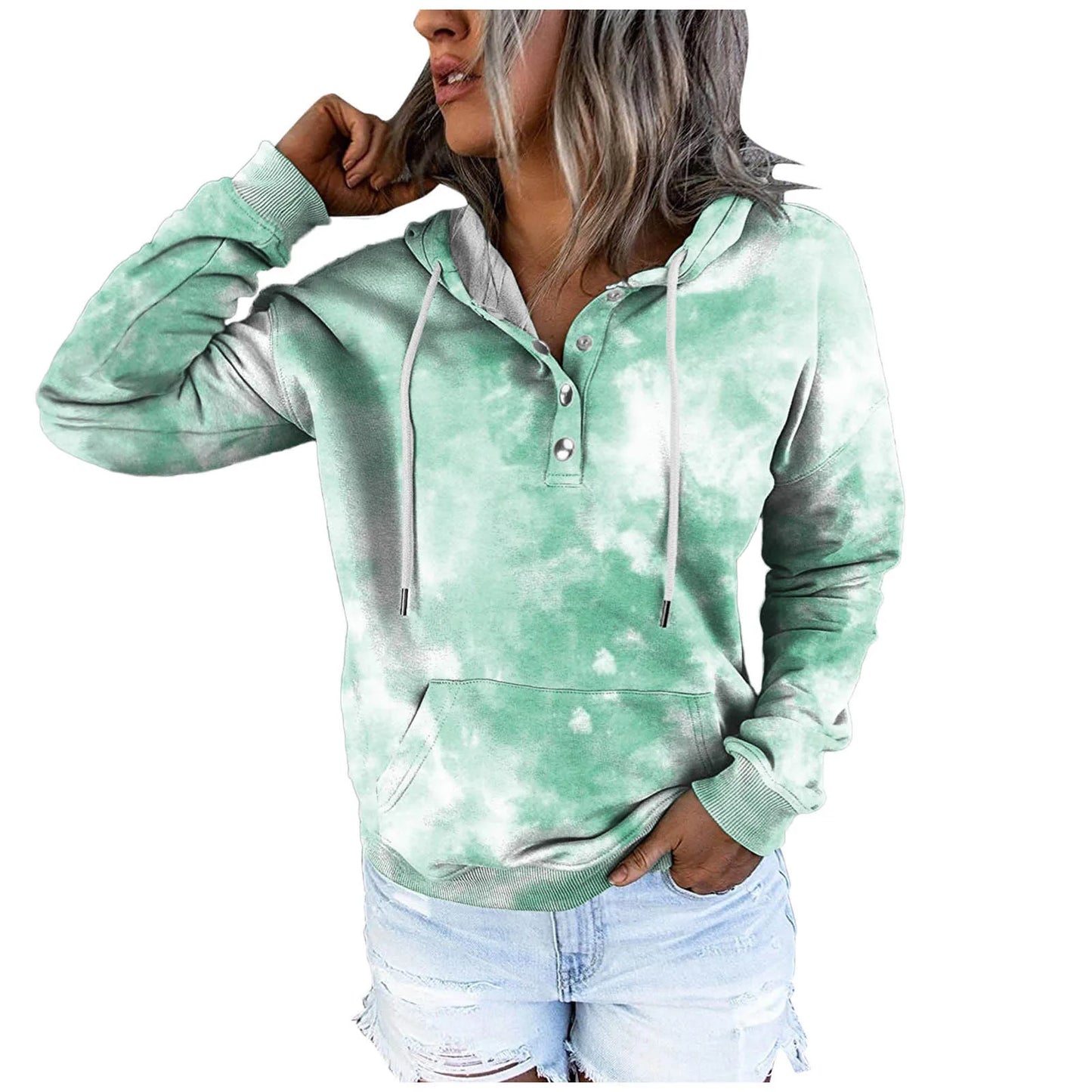 Women's Fashion Sweatshirt Button Pocket Casual tie-dye Loose Hoodies