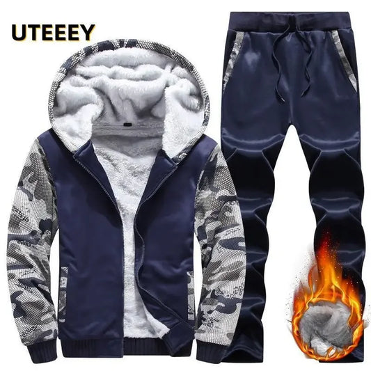 Winter Tracksuit Men's Fleece Thick Hoodie and pants Sportswear 2024